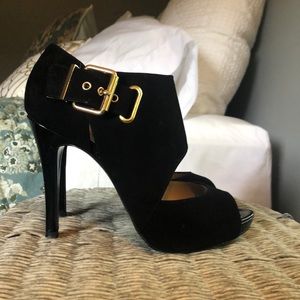 Suede black open toe 4" heels large gold buckle